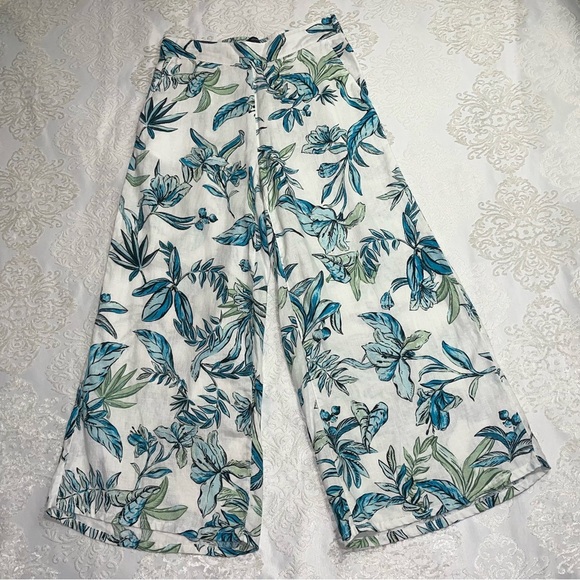 Tahari 100% Linen Crop Wide Leg High Rise Pant Tropical Size Small - Picture 3 of 5